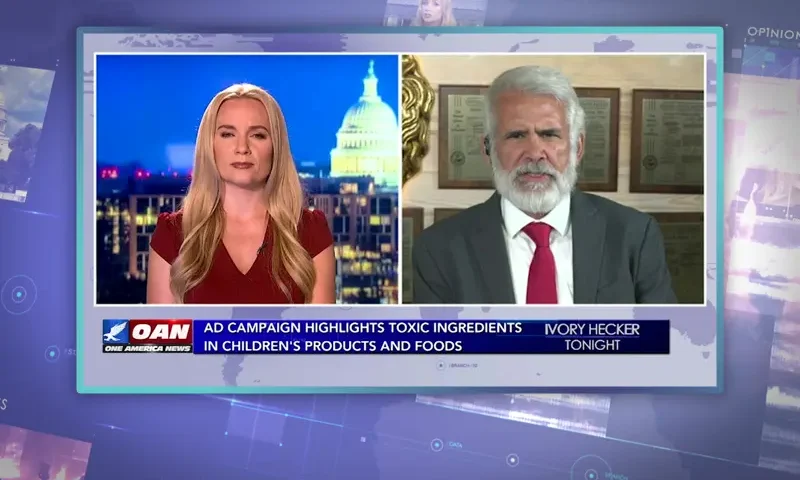 Video still from Ivory Hecker Tonight on One America News Network showing a split screen of the host on the left side, and on the right side is the guest, Dr. Robert Malone.