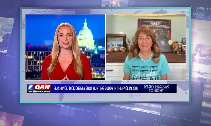 Video still from Ivory Hecker Tonight on One America News Network showing a split screen of the host on the left side, and on the right side is the guest, Dianna Muller.