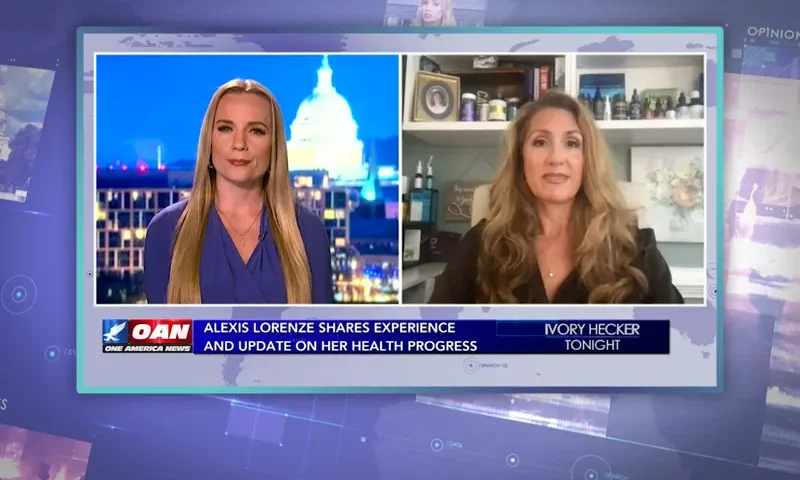 Video still from Ivory Hecker Tonight on One America News Network showing a split screen of the host on the left side, and on the right side is the guest, Nurse Michele.