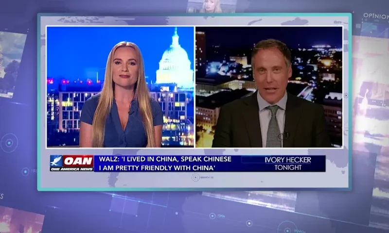 Video still from Ivory Hecker Tonight on One America News Network showing a split screen of the host on the left side, and on the right side is the guest, Eric Eggers.