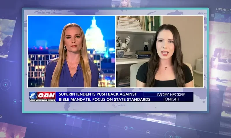 Video still from Ivory Hecker Tonight on One America News Network showing a split screen of the host on the left side, and on the right side is the guest, Grace Reilly.