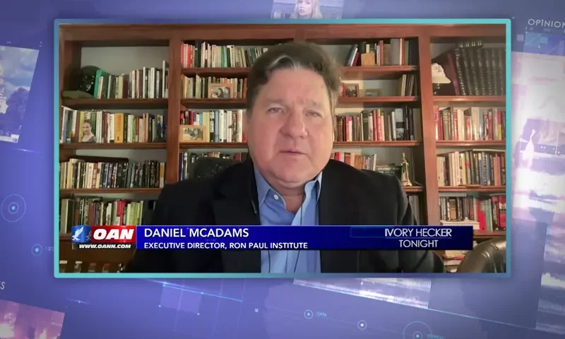 Video still from Ivory Hecker Tonight on One America News Network during an interview with the guest, Daniel McAdams.