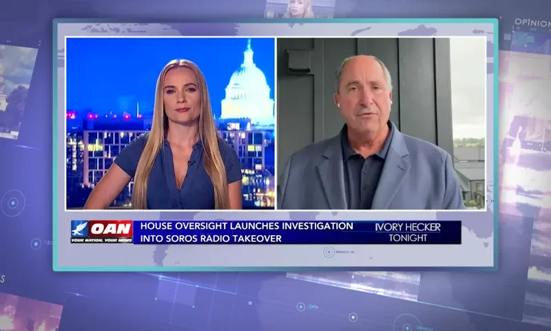 Video still from Ivory Hecker Tonight on One America News Network showing a split screen of the host on the left side, and on the right side is the guest, John Fredricks.