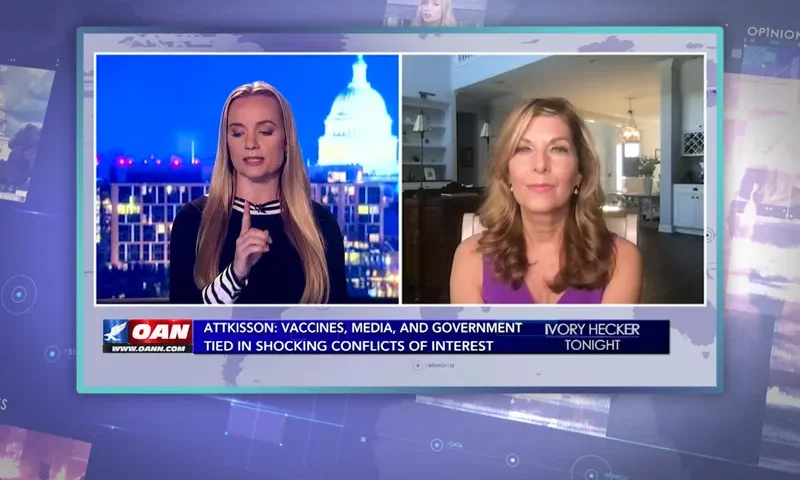 Video still from Ivory Hecker Tonight on One America News Network showing a split screen of the host on the left side, and on the right side is the guest, Sharyl Attkisson.
