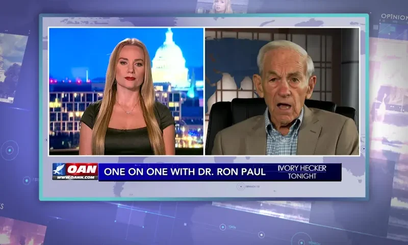 Video still from Ivory Hecker Tonight on One America News Network showing a split screen of the host on the left side, and on the right side is the guest, Ron Paul.
