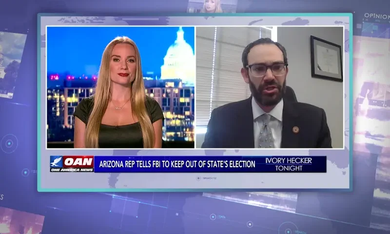 Video still from Ivory Hecker Tonight on One America News Network showing a split screen of the host on the left side, and on the right side is the guest, Rep. Alexander Kolodin.