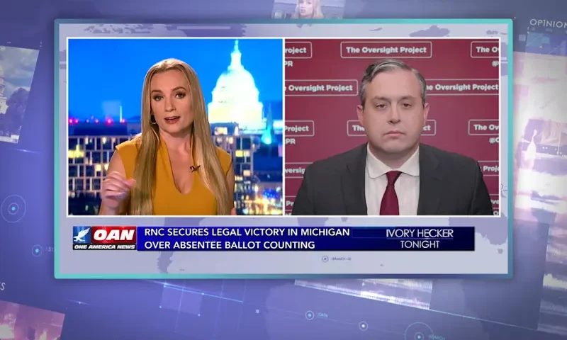 Video still from Ivory Hecker Tonight on One America News Network showing a split screen of the host on the left side, and on the right side is the guest, Kyle Brosnan.