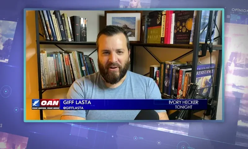 Video still from Ivory Hecker Tonight on One America News Network during an interview with the guest, Giff Lasta.