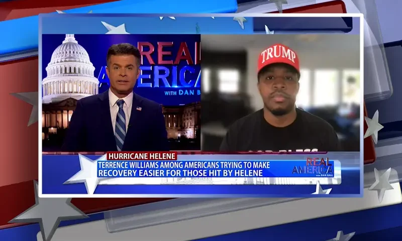 Video still from Real America on One America News Network showing a split screen of the host on the left side, and on the right side is the guest, Terrence Williams.