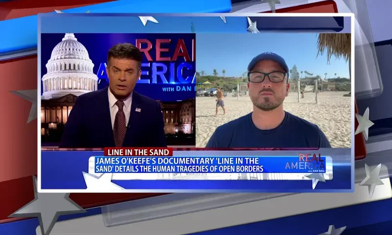 Video still from Real America on One America News Network showing a split screen of the host on the left side, and on the right side is the guest, Anthony Aguero.