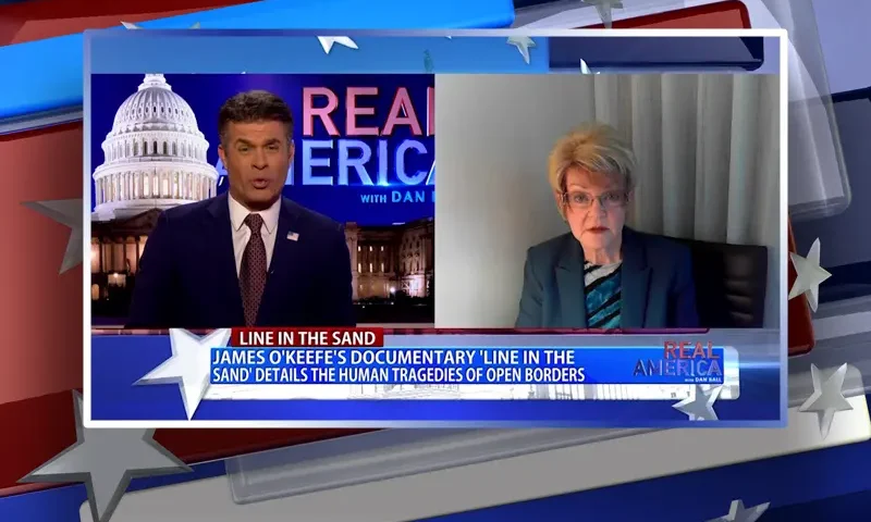 Video still from Real America on One America News Network showing a split screen of the host on the left side, and on the right side is the guest, Tara Rodas.