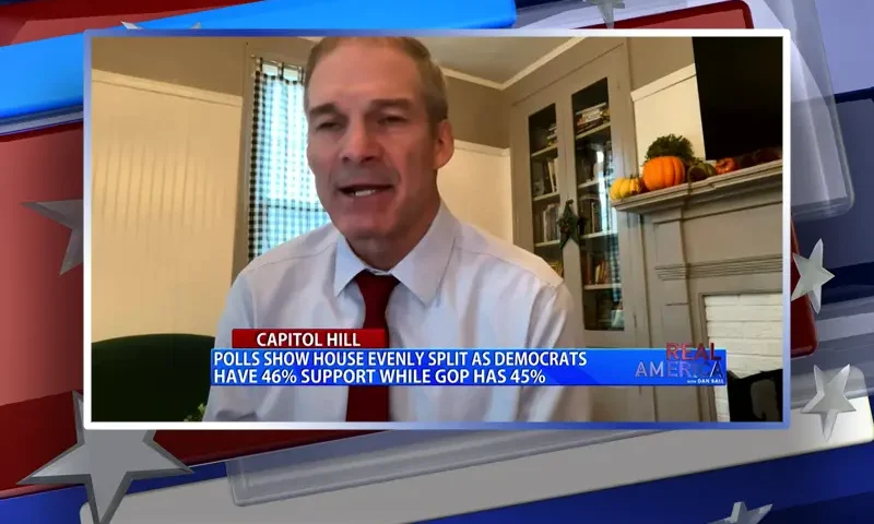 Video still from Real America on One America News Network during an interview with the guest, Rep. Jim Jordan.