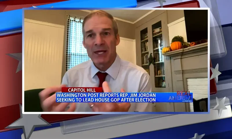 Video still from Real America on One America News Network during an interview with the guest, Rep. Jim Jordan.