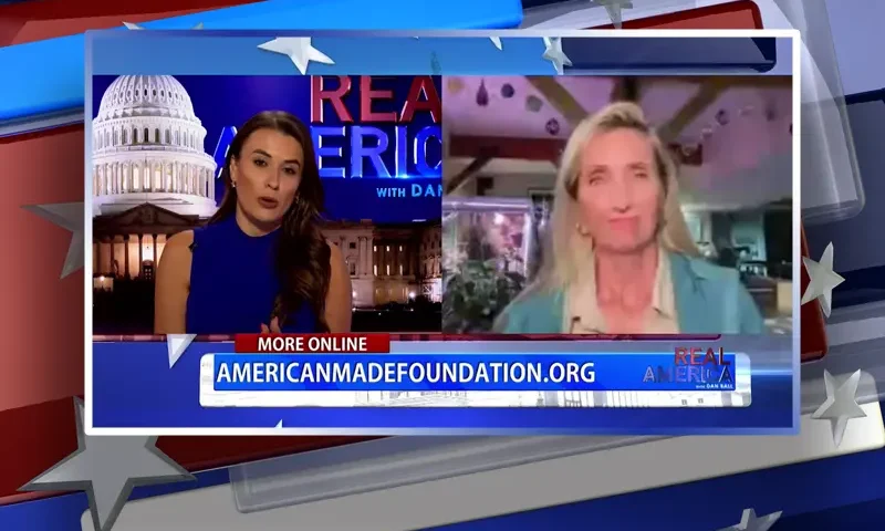 Video still from Real America on One America News Network showing a split screen of the host on the left side, and on the right side is the guest, Ann Vandersteel.