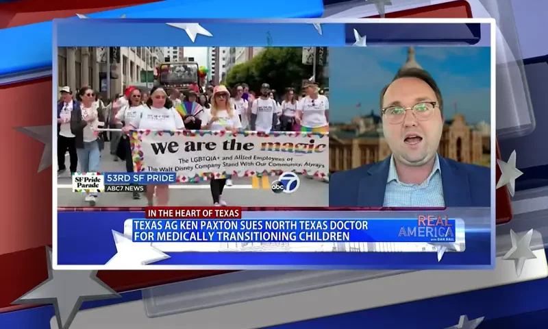Video still from Real America on One America News Network during an interview with the guest, Brandon Waltens.