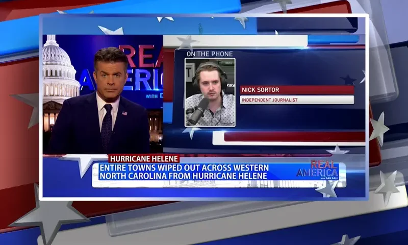Video still from Real America on One America News Network showing a split screen of the host on the left side, and on the right side is the guest, Nick Sortor.