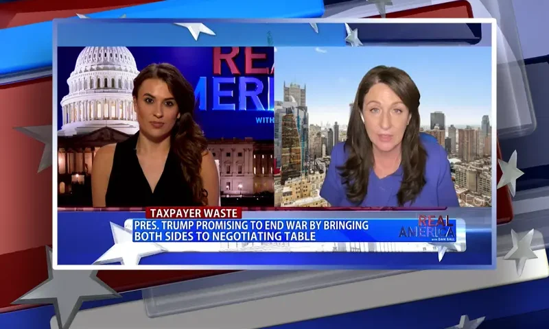 Video still from Real America on One America News Network showing a split screen of the host on the left side, and on the right side is the guest, Miranda Devine.