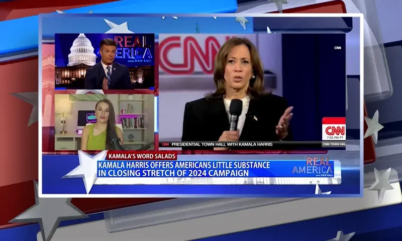 Video still from Real America on One America News Network during an interview with the guest, Breanna Morello.