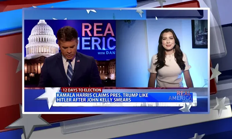 Video still from Real America on One America News Network showing a split screen of the host on the left side, and on the right side is the guest, Morgonn McMichael.