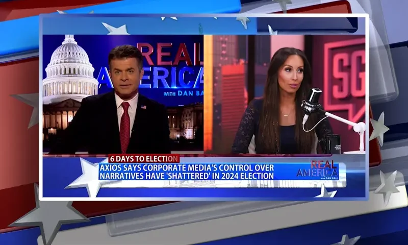 Video still from Real America on One America News Network showing a split screen of the host on the left side, and on the right side is the guest, Sara Gonzales.