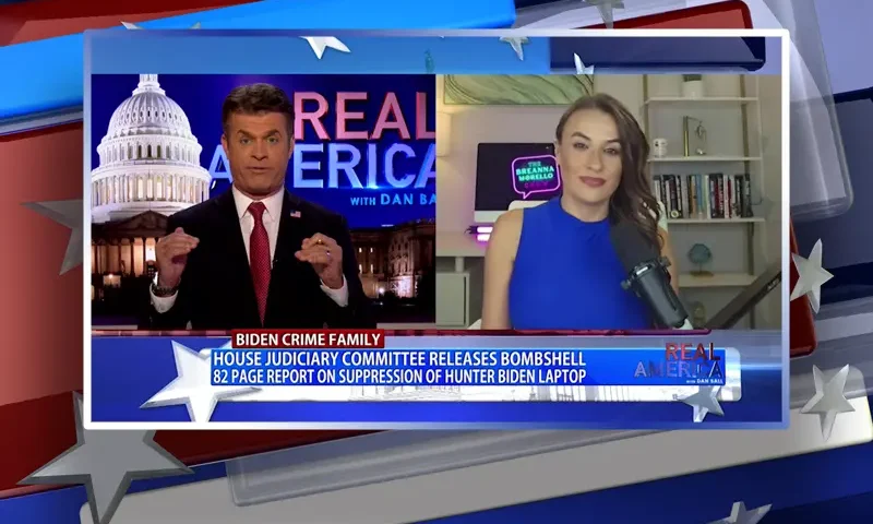 Video still from Real America on One America News Network showing a split screen of the host on the left side, and on the right side is the guest, Breanna Morello.