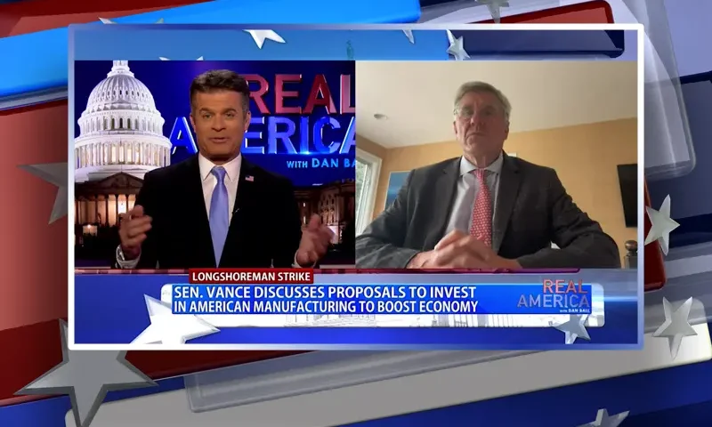 Video still from Real America on One America News Network showing a split screen of the host on the left side, and on the right side is the guest, Stephen Moore.