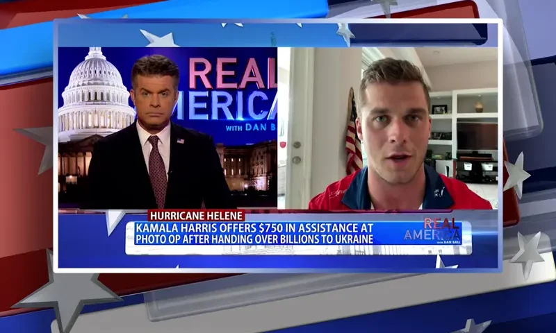 Video still from Real America on One America News Network showing a split screen of the host on the left side, and on the right side is the guest, Madison Cawthorn.