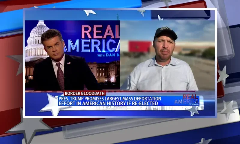 Video still from Real America on One America News Network showing a split screen of the host on the left side, and on the right side is the guest, Ben Bergquam.