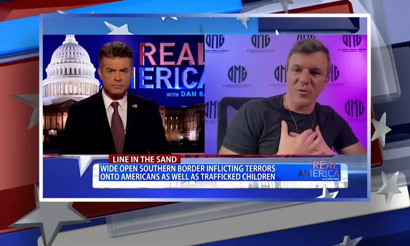 Video still from Real America on One America News Network showing a split screen of the host on the left side, and on the right side is the guest, James O'Keefe.