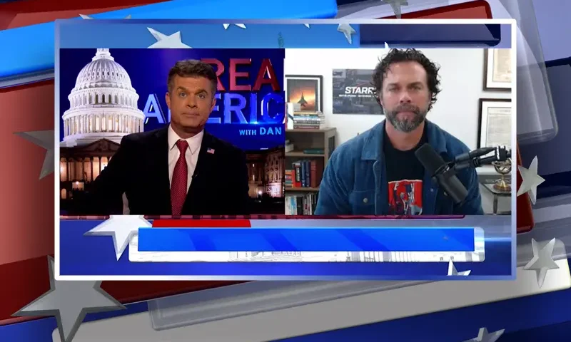 Video still from Real America on One America News Network showing a split screen of the host on the left side, and on the right side is the guest, Matt Lohmeier.