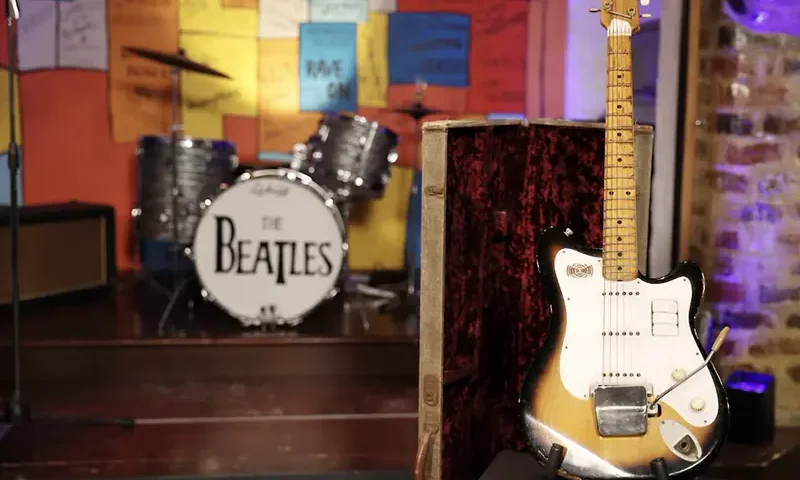 A 'Futurama' guitar that used to belong to the late George Harrison, former member of The Beatles, is displayed on a stage at a press conference held by Julien's Auctions to announce its forthcoming sale by auction in Liverpool, Britain, October 3, 2024. REUTERS/Phil Noble