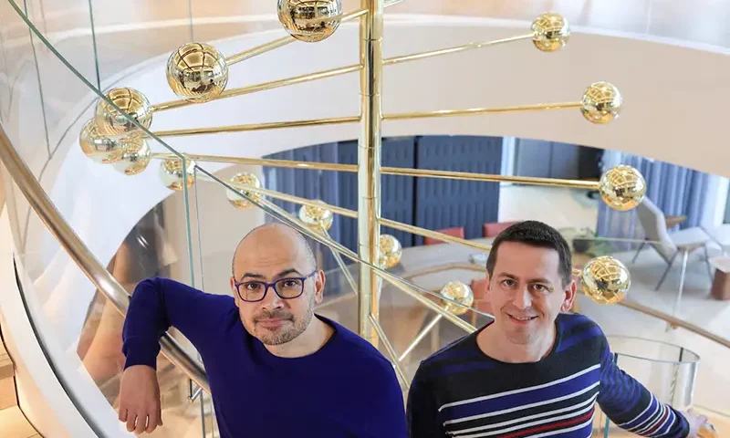 Demis Hassabis and John M. Jumper, two of the three laureates who have been awarded the Nobel Prize in Chemistry for 2024, look on, at the offices of Google DeepMind UK in London, Britain, October 9, 2024. REUTERS/Toby Melville/File Photo
