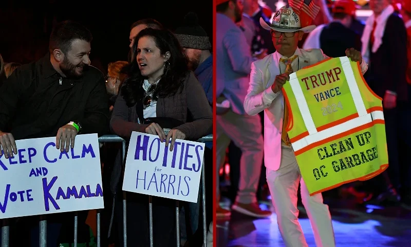 (L) Supporters of US Vice President and Democratic presidential candidate Kamala Harris wait for the start of a campaign rally on the Benjamin Franklin Parkway in Philadelphia, Pennsylvania on November 4, 2024. (Photo by MATTHEW HATCHER / AFP) (Photo by MATTHEW HATCHER/AFP via Getty Images) / (R) WEST PALM BEACH, FLORIDA - NOVEMBER 05: A supporter holds a decorated safety vest during the election night watch party for Republican presidential nominee, former U.S. President Donald Trump at the Palm Beach Convention Center on November 05, 2024 in West Palm Beach, Florida. Americans cast their ballots today in the presidential race between Republican nominee former President Donald Trump and Vice President Kamala Harris, as well as multiple state elections that will determine the balance of power in Congress. (Photo by Joe Raedle/Getty Images)
