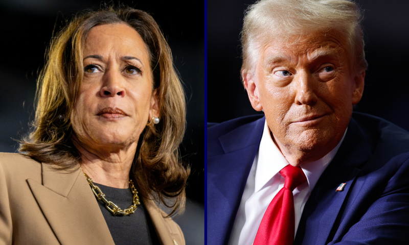 (L) CHANDLER, ARIZONA - OCTOBER 10: Democratic presidential nominee, Vice President Kamala Harris pauses while speaking during a campaign rally at the Rawhide Event Center on October 10, 2024 in Chandler, Arizona. Vice President Harris continues campaigning against Republican presidential nominee, former U.S. President Donald Trump in battleground swing states ahead of the November 5 presidential election. Trump currently has a 2% lead ahead of Harris in the Arizona polls. (Photo by Brandon Bell/Getty Images) / (R) PITTSBURGH, PENNSYLVANIA - NOVEMBER 04: Republican presidential nominee, former President Donald Trump holds a campaign rally at the PPG Paints Arena on November 04, 2024 in Pittsburgh, Pennsylvania. With one day left before the general election, Trump is campaigning for re-election in the battleground states of North Carolina, Pennsylvania and Michigan. (Photo by Chip Somodevilla/Getty Images)