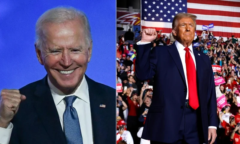 (L) TOPSHOT - (COMBO) This combination of pictures created on November 04, 2020 shows Democratic presidential nominee Joe Biden (L) in Wilmington, Delaware, and US President Donald Trump (R) in Washington, DC both pumping their fist during an election night speech early November 4, 2020. President Donald Trump and Democratic challenger Joe Biden are battling it out for the White House, with polls closed across the United States -- and the American people waiting for results in key battlegrounds still up for grabs, one day after the US presidential election November 03. (Photo by ANGELA WEISS and MANDEL NGAN / AFP) (Photo by ANGELA WEISS,MANDEL NGAN/AFP via Getty Images) / (R) Republican presidential nominee, former President Donald Trump holds up a fist at a campaign rally at the Santander Arena on November 04, 2024 in Reading, Pennsylvania. With one day left before the general election, Trump is campaigning for re-election in the battleground states of North Carolina, Pennsylvania and Michigan. (Photo by Chip Somodevilla/Getty Images)