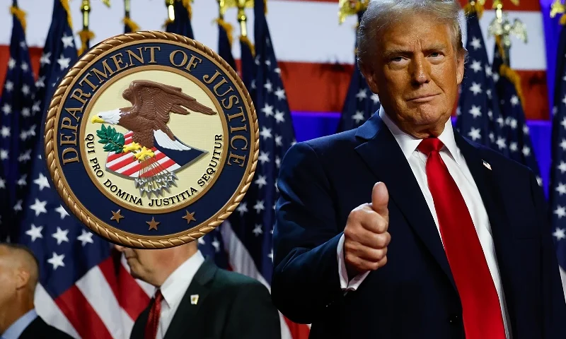 (L) The Department of Justice seal is seen on a lectern ahead of a press conference announcing efforts against computer hacking and extortion at the Department of Justice in Washington, DC on November 28, 2018. (Photo by MANDEL NGAN / AFP) (Photo by MANDEL NGAN/AFP via Getty Images) / (R) WEST PALM BEACH, FLORIDA - NOVEMBER 06: Republican presidential nominee, former U.S. President Donald Trump arrives to speak during an election night event at the Palm Beach Convention Center on November 06, 2024 in West Palm Beach, Florida. Americans cast their ballots today in the presidential race between Republican nominee former President Donald Trump and Vice President Kamala Harris, as well as multiple state elections that will determine the balance of power in Congress. (Photo by Chip Somodevilla/Getty Images)