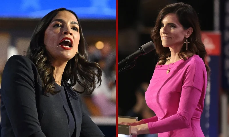 (L) US Representative Alexandria Ocasio-Cortez (D-NY) speaks on the first day of the Democratic National Convention (DNC) at the United Center in Chicago, Illinois, on August 19, 2024. Vice President Kamala Harris will formally accept the party's nomination for president at the DNC which runs from August 19-22 in Chicago. (Photo by ANDREW CABALLERO-REYNOLDS / AFP) (Photo by ANDREW CABALLERO-REYNOLDS/AFP via Getty Images) / (R) MILWAUKEE, WISCONSIN - JULY 17: U.S. Rep. Nancy Mace (R-SC) speaks on stage on the third day of the Republican National Convention at the Fiserv Forum on July 17, 2024 in Milwaukee, Wisconsin. Delegates, politicians, and the Republican faithful are in Milwaukee for the annual convention, concluding with former President Donald Trump accepting his party's presidential nomination. The RNC takes place from July 15-18. (Photo by Scott Olson/Getty Images)