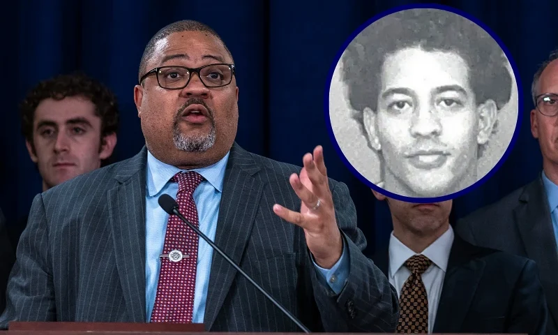 (L) NEW YORK, NEW YORK - MAY 30: Manhattan District Attorney Alvin Bragg stands with members of his staff at a news conference following the conviction of former U.S. President Donald Trump in his hush money trial on May 30, 2024 in New York City. Trump was found guilty on all 34 felony counts of falsifying business records in the first of his criminal cases to go to trial. (Photo by Spencer Platt/Getty Images) / (R) Mugshot of Brandon Simosa, 25. (Photo via: New York Police Department).