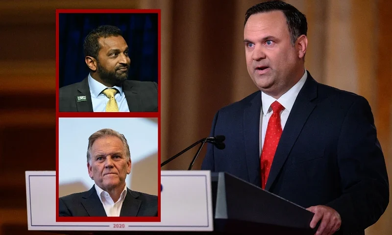 (L-top) Former Chief of Staff to the United States Secretary of Defense Kash Patel speaks during a Turning Point Action 'United for Change' campaign rally for former US President and Republican presidential candidate Donald Trump in Las Vegas, Nevada, on October 24, 2024. (Photo by Patrick T. Fallon / AFP) (Photo by PATRICK T. FALLON/AFP via Getty Images) / (L-bottom) NOVI, MICHIGAN - NOVEMBER 05: Republican U.S. Senate candidate Mike Rogers waits to go onstage at his election watch party with the MIGOP on November 5, 2024 in Novi, Michigan. Rogers and Democrat Elissa Slotkin are competing for the seat vacated by the retiring Debbie Stabenow. (Photo by Sarah Rice/Getty Images) / (R) White House Deputy Chief of Staff for Communications Dan Scavino addresses the Republican National Convention in a pre-recorded speech at the Andrew W. Mellon Auditorium in Washington, DC, on August 26, 2020. (Photo by NICHOLAS KAMM / AFP) (Photo by NICHOLAS KAMM/AFP via Getty Images)