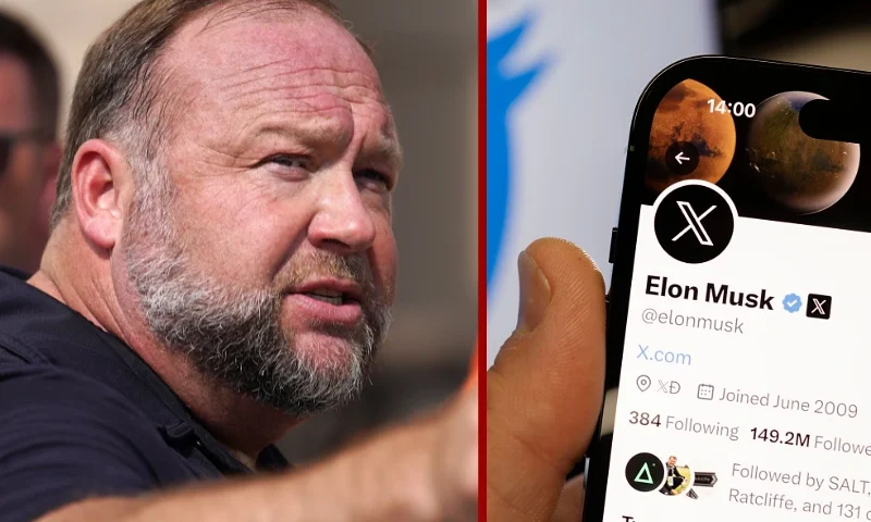 (L) WATERBURY, CONNECTICUT - SEPTEMBER 21: InfoWars founder Alex Jones speaks to the media outside Waterbury Superior Court during his trial on September 21, 2022 in Waterbury, Connecticut. Jones is being sued by several victims' families for causing emotional and psychological harm after they lost their children in the Sandy Hook massacre. A Texas jury last month ordered Jones to pay $49.3 million to the parents of 6-year-old Jesse Lewis, one of 26 students and teachers killed in the shooting in Newtown, Connecticut. (Photo by Joe Buglewicz/Getty Images) / (R) LONDON, ENGLAND - JULY 24: A photo illustration of the new Twitter logo on July 24, 2023 in London, England. Elon Musk has revealed today a new logo for Twitter, which constitutes the letter 'X' as part of a rebrand of the company. (Photo Illustration by Dan Kitwood/Getty Images)