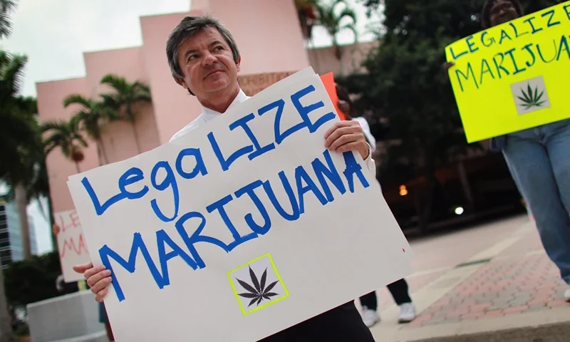 FORT LAUDERDALE, FL - OCTOBER 12: Florida Attorney General candidate Jim Lewis, who is running on a platform of legalizing marijuana, holds a sign during a campaign rally on October 12, 2010 in Fort Lauderdale, Florida. Lewis believes that legalizing the drug will save the state hundreds of millions of dollars that can be redirected for spending on education, environment, and other necessary items. (Photo by Joe Raedle/Getty Images)