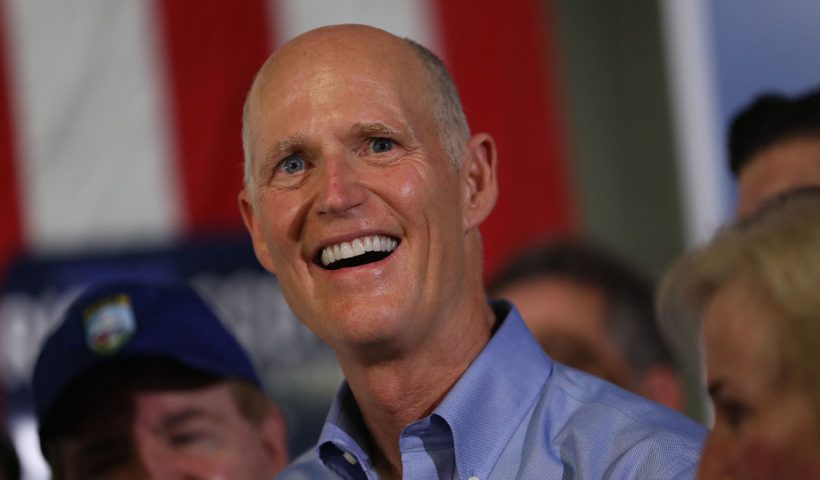 HIALEAH, FLORIDA - NOVEMBER 05: Florida governor and Republican senatorial candidate Rick Scott addresses the crowd as he attends a Get out the Vote Rally at AmeriKooler on November 05, 2018 in Hialeah, Florida. Governor Scott is facing off against Sen. Bill Nelson (D-FL) on election day. (Photo by Joe Raedle/Getty Images)