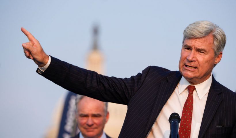 WASHINGTON, DC - SEPTEMBER 13: Sen. Sheldon Whitehouse (D-RI) speaks during a rally about climate change issues near the U.S. Capitol on September 13, 2021 in Washington, DC. The League of Conservation Voters and Climate Action Campaign held the rally to urge the passage of the 'Build Back Better' legislation. (Photo by Drew Angerer/Getty Images)