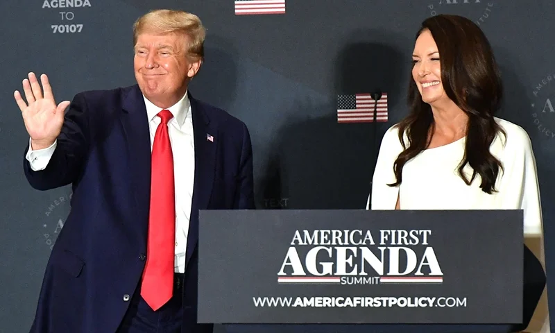 Brooke Rollins, AFPI President & CEO, watches as former US President Donald Trump makes his way off stage after speaking at the America First Policy Institute Agenda Summit in Washington, DC, on July 26, 2022. (Photo by MANDEL NGAN / AFP) (Photo by MANDEL NGAN/AFP via Getty Images)