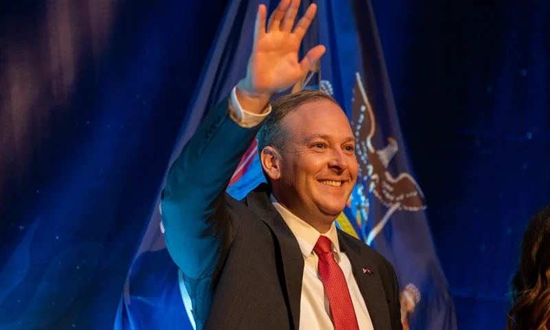 New York Rupublican gubernatorial candidate Lee Zeldin waves to supporters at his election night party on November 8, 2022 in New York City. Despite multiple outlets calling the race for New York Gov. Kathy Hochul, Zeldin did not concede in his speech. (Photo by David Dee Delgado/Getty Images)