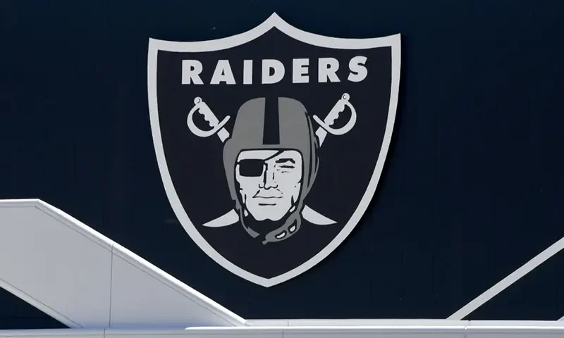 A team logo is shown above the entrance at the 336,000-square-foot Las Vegas Raiders Headquarters/Intermountain Healthcare Performance Center under construction on June 10, 2020 in Henderson, Nevada. (Photo by Ethan Miller/Getty Images)
