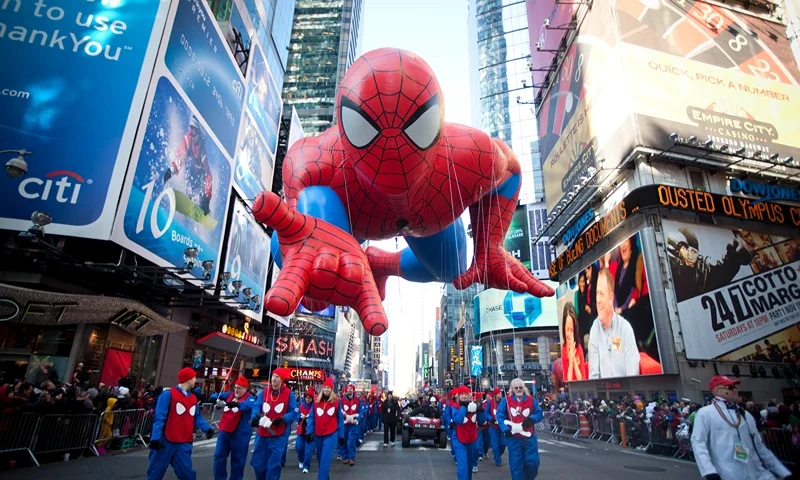 NEW YORK - NOVEMBER 24: The Spiderman balloon makes its way through Times Square in Macy's Thanksgiving Day parade on November 24, 2011 in New York City. The 85th annual event is the second oldest Thanksgiving Day parade in the U.S. (Photo by Michael Nagle/Getty Images)