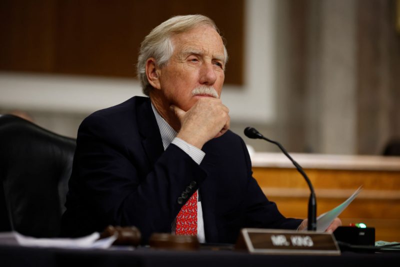 WASHINGTON, DC - APRIL 27: Senate Armed Services Committee's Subcommittee on Strategic Forces Chairman Angus King (I-ME) listens to testimony about the Department of Energy's atomic energy defense activities and Department of Defense nuclear weapons programs FY 2023 budget in the Dirksen Senate Office Building on Capitol Hill on April 27, 2022 in Washington, DC. The Biden Administration has requested a 3-percent increase in the budget for nuclear modernization, missile defense, and research and development. (Photo by Chip Somodevilla/Getty Images)
