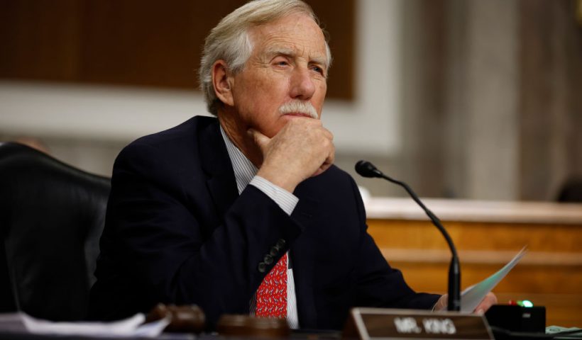 WASHINGTON, DC - APRIL 27: Senate Armed Services Committee's Subcommittee on Strategic Forces Chairman Angus King (I-ME) listens to testimony about the Department of Energy's atomic energy defense activities and Department of Defense nuclear weapons programs FY 2023 budget in the Dirksen Senate Office Building on Capitol Hill on April 27, 2022 in Washington, DC. The Biden Administration has requested a 3-percent increase in the budget for nuclear modernization, missile defense, and research and development. (Photo by Chip Somodevilla/Getty Images)