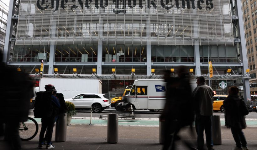 NEW YORK, NEW YORK - DECEMBER 08: The New York Times headquarters is seen on December 08, 2022 in New York City. More than 1,100 unionized New York Times staff members participated in a a 24-hour strike today outside of the paper's headquarters. Continued negotiations between the Times Guild and the paper's management broke down mostly over pay. Journalists at the NYT have not had a working contract since March 2021. (Photo by Michael M. Santiago/Getty Images)